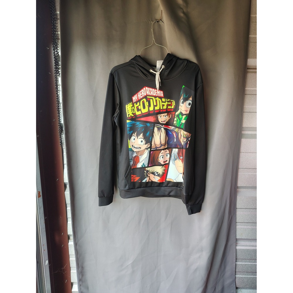 My Hero Academia Anime Graphic Hoodie Black Deku Bakugo Todoroki Pullover Size M